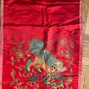 Red Embroidered Tapestry with Mythical Creature